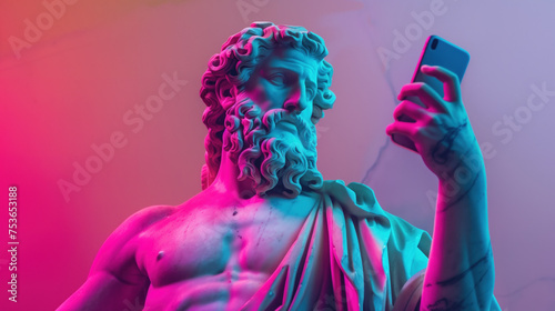 Neon-Lit Greek God Statue with a Smartphone. Modern Meets Mythology.