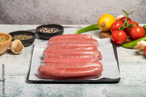 Beef Sausage. Butcher products. Raw beef sausage with gelatin on stone background