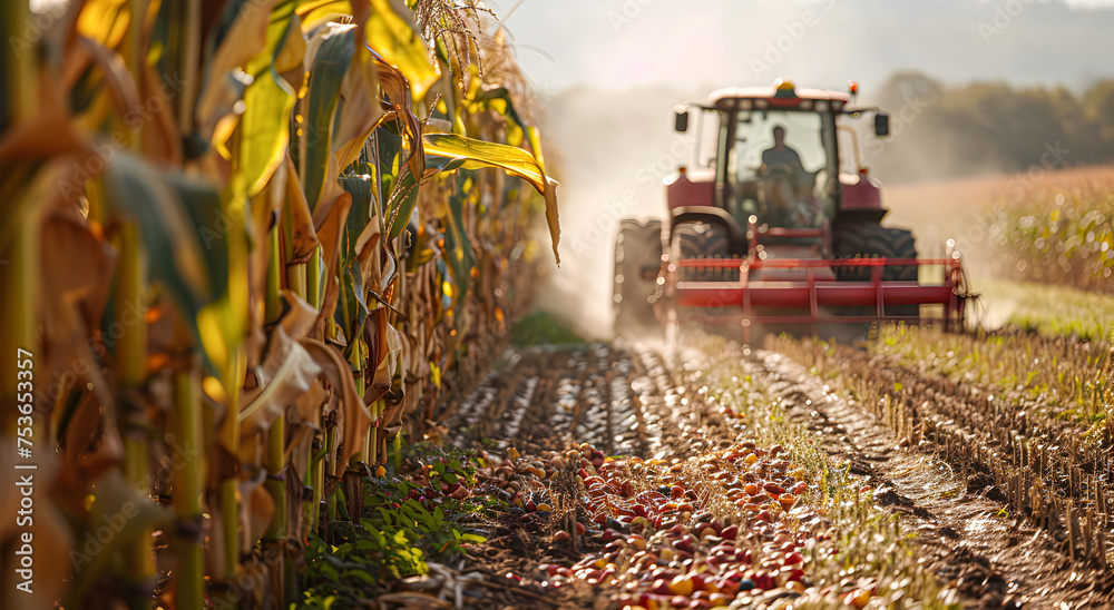 A combine harvester is harvesting corn in a field. - obrazy, fototapety, plakaty 