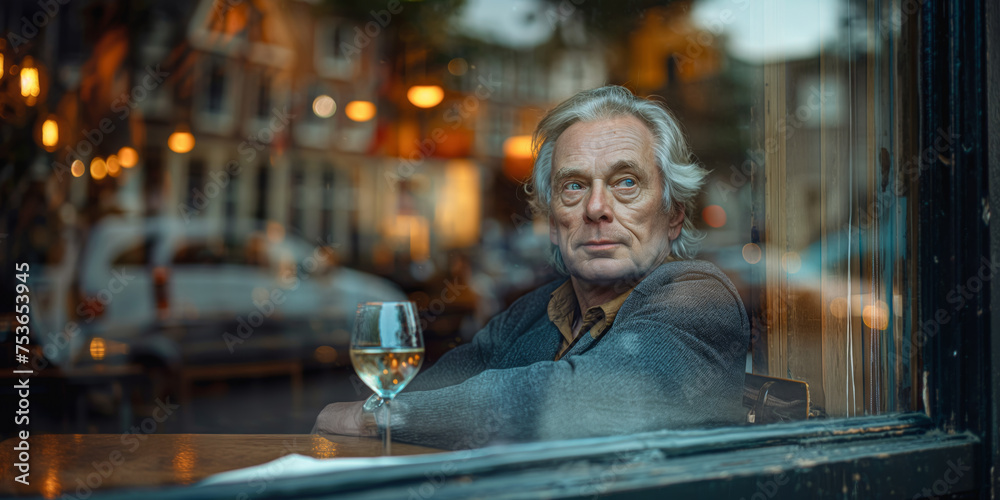 Mann sitzt an einem Caféfenster
