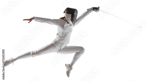Artistry of combat. Female fencer gracefully executes complex fencing maneuver in action against transparent background. Concept of professional, sport active lifestyle, fitness, motion, strength.