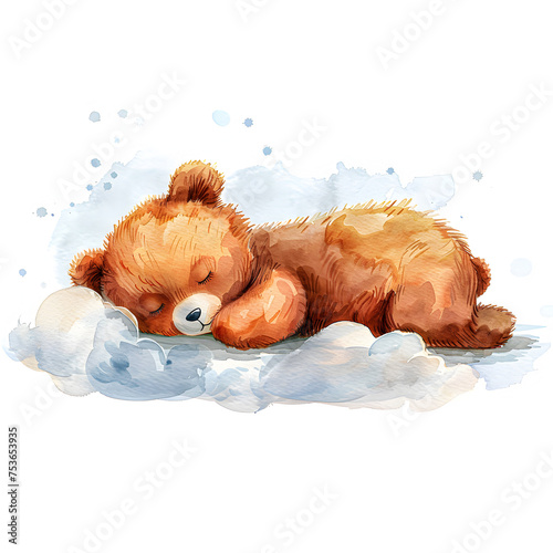 A bear cub on a cloud, painted in watercolor on a white background.