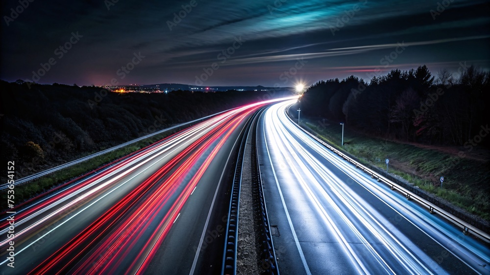 highway with car light trails at night. long exposure photo.