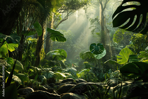 Beautiful view of a tropical forest with sun rays. Generated by artificial intelligence