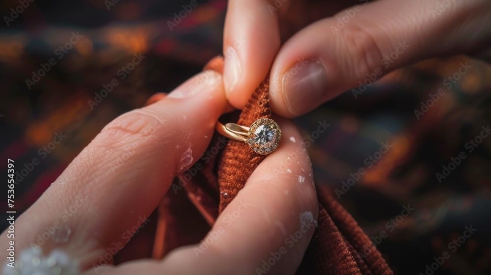 Jeweller cleaning jewelry diamond ring with fabric cloth Jeweller cleaning jewelry diamond ring with fabric cloth