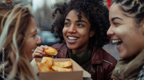 Woman eating street food and talking with her friends. 