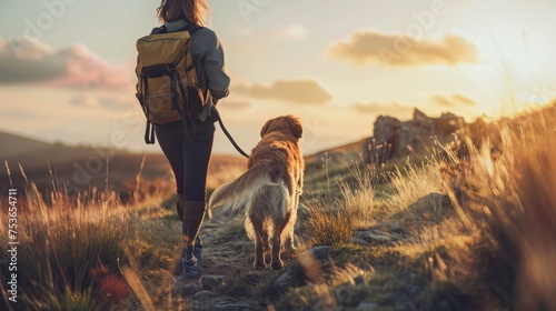 Adventurer and Dog Enjoying Sunset Hike, Pets and owners on travel.