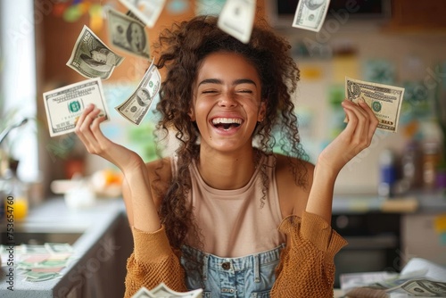 Cheerful woman laughing, surrounded by falling US dollar bills in a joyful setting