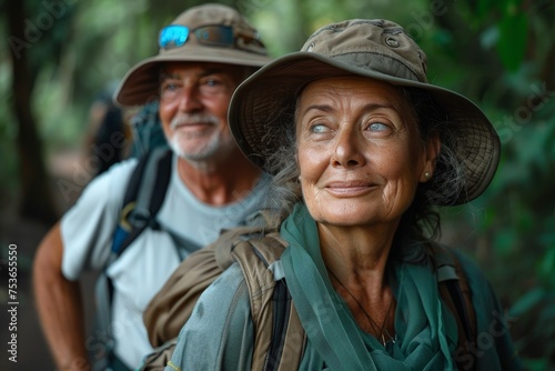 An elder man smiles gently with a woman in focus ahead, both in hiking attire, trekking in a forest © Pinklife