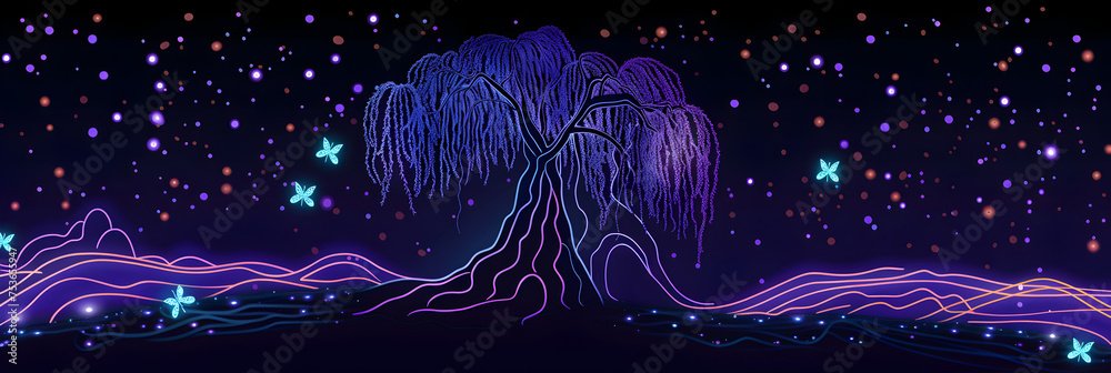 Neon outline of a mystical willow tree surrounded by fireflies glowing in the night isolated on black background.