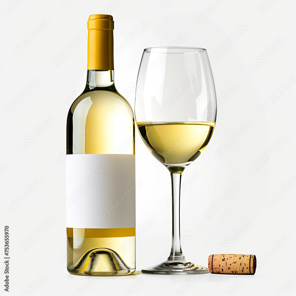 Fototapeta premium A poured Chardonnay, Sauvignon Blanc, Pinot Grigio, Riesling, Muscat Blanc, blanc, white wine, wine, white, yellow wine, white wine glass, and a generic white wine bottle stock photo or stock image.