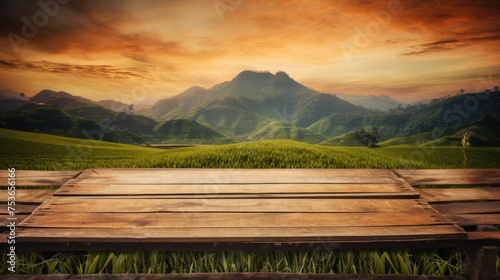 Peaceful Twilight Sky Above Wooden Board and Rice Paddies 