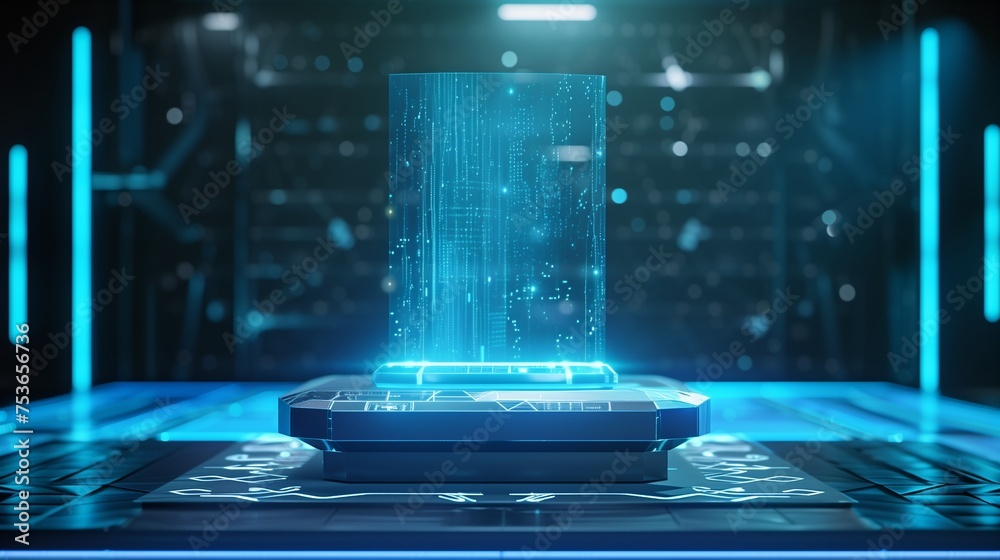 A holographic podium showcasing the AI-driven advancements in HR leadership, reflecting the transformative impact of technology on organizational governance./ - obrazy, fototapety, plakaty 
