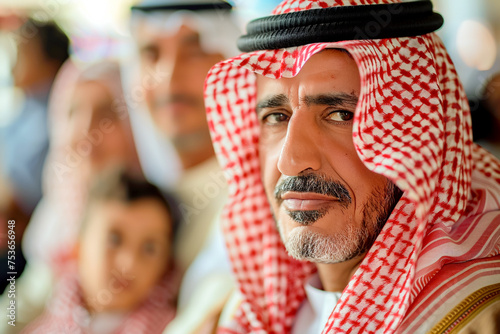 Arab family at home, father with sons and daughters, family togetherness.