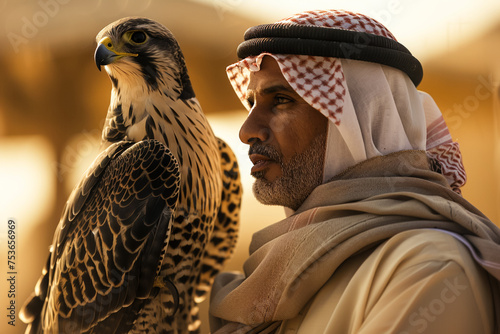 Falconry tradition in the UAE, an Arab man holding a falcon against the desert sky.