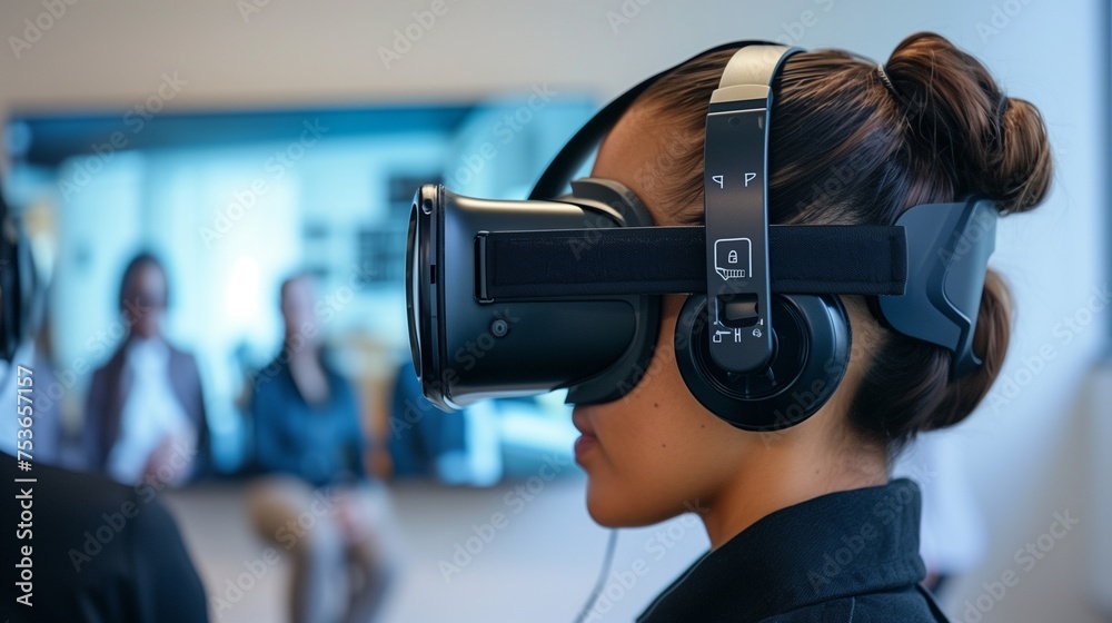 A virtual reality headset projecting diverse workplace scenarios, illustrating how AI enhances HR training programs for inclusive leadership./