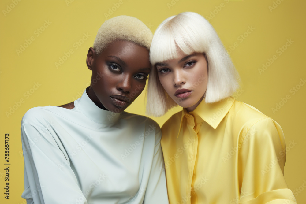 Portrait of two beautiful girls in stylish outfits on pastel yellow background. Beauty and fashion concept