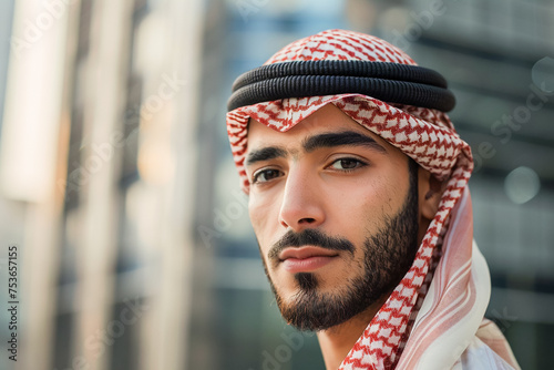 Arab businessman in the city, urban hustle, traditional attire, modern lifestyle.