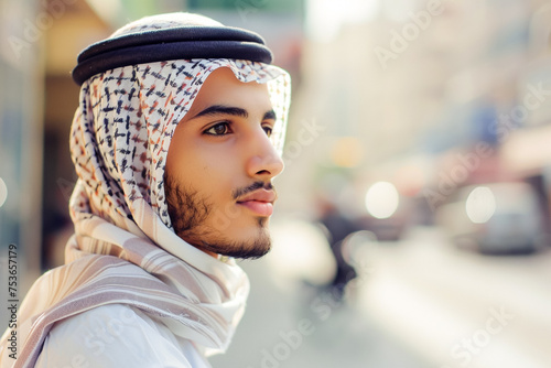 Portrait of a UAE man in the city, metropolitan backdrop, cultural heritage, modernity.