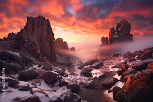 Pink sunset sky among rocks. Generated by artificial intelligence