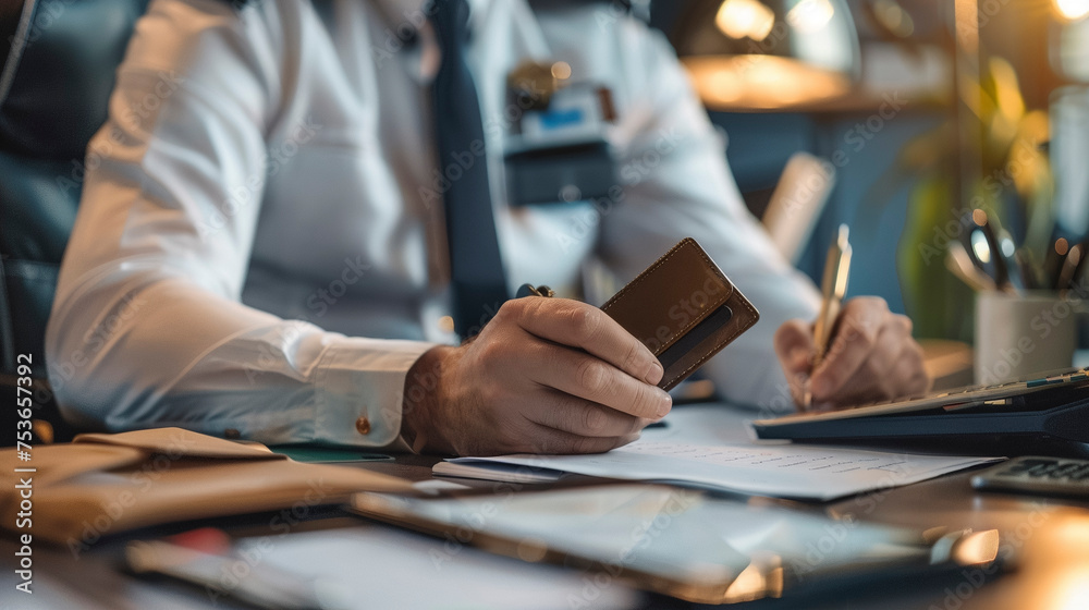 Aviation Administration, Pilot Desk Scene with Wallet and Credit Card Aviation Administration, Pilot Desk Scene with Wallet and Credit Card