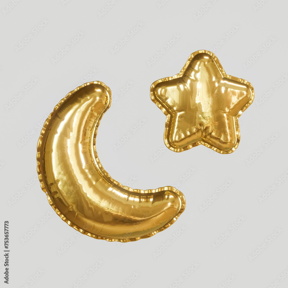 Golden crescent and star balloons, 3d render. Golden crescent and star balloons, 3d render.