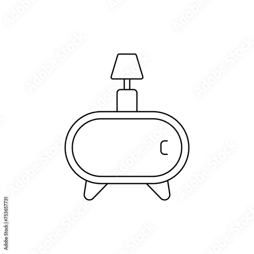 Editable outline of the bedside table. Table lamp vector. Linear logo of the interior of the bedside table. Room table top. A cozy bedside table. Place by the bed for things. Home cozy furniture.
