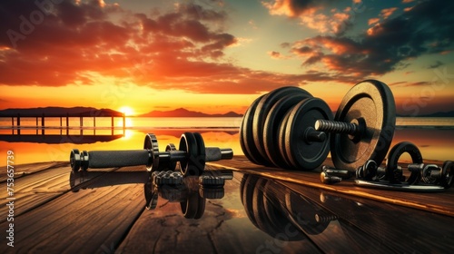 Dumbbells, Barbells, Sports equipment on the waterfront at sunset. Sports, Fitness, Crossfit, Energy, Workouts, Healthy lifestyle concepts.