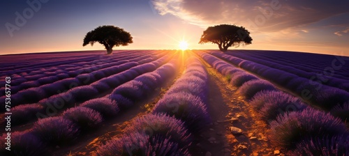 Country road amid lavender field during summer sunset with beautiful sky and scenic landscape