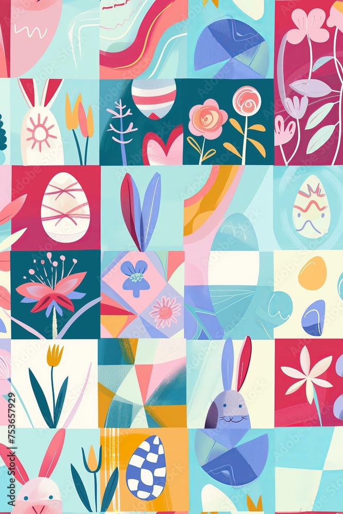 Easter themed bauhaus pattern with bunny and eggs, pastel colors, trendy Easter themed bauhaus pattern with bunny and eggs, pastel colors, trendy