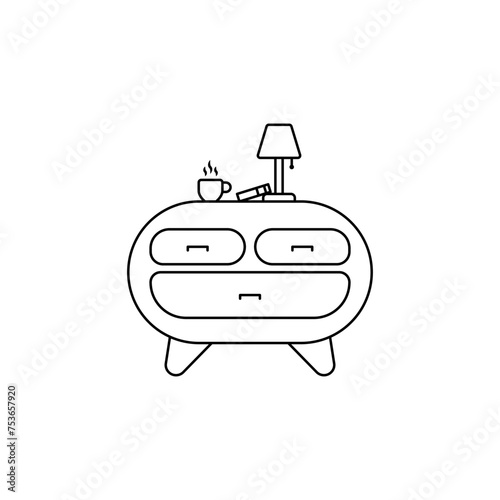 Editable outline of the bedside table. Linear logo of the interior of the bedside table. Table lamp vector. Room table top. A cozy bedside table. Place by the bed for things. Home cozy furniture.