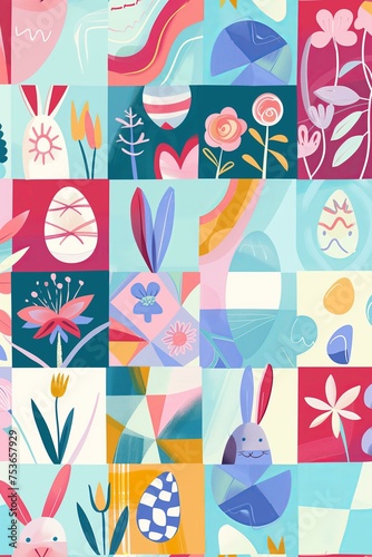 Easter themed bauhaus pattern with bunny and eggs, pastel colors, trendy