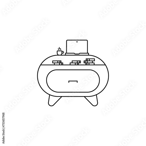 Editable outline of the bedside table. Linear logo of the interior of the bedside table. Table lamp vector. Room table top. A cozy bedside table. Place by the bed for things. Home cozy furniture.