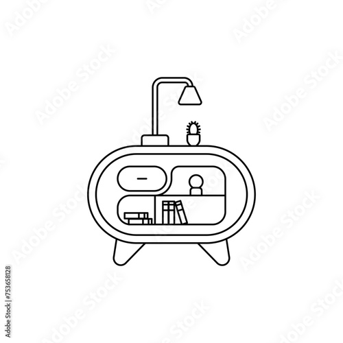 Editable outline of the bedside table. A cozy bedside table. Linear logo of the interior of the bedside table. Table lamp vector. Room table top. Place by the bed for things. Home cozy furniture.