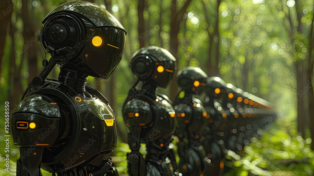Line of futuristic robots in a forest, concept of technology and nature coexistence with blurred and bokeh background effect