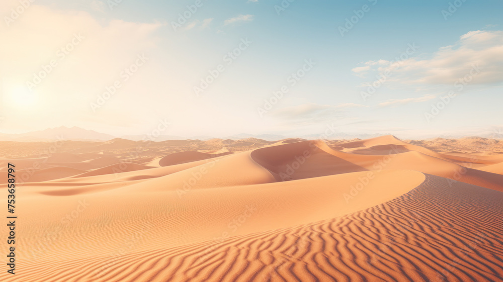 Beautiful Arabian desert with warm colors.Golden Sand Dune Desert Landscape Panorama. Beautiful over the sand dunes in the Arabian,touched by the golden rays of the setting sun,generative ai