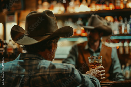 Lone Cowboy with Whiskey Reflecting in a Western Saloon Bar.