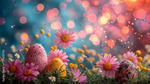 Happy Easter Day poster design, celebrating Easter Day, morning with eggs and flowers, Easter poster background.