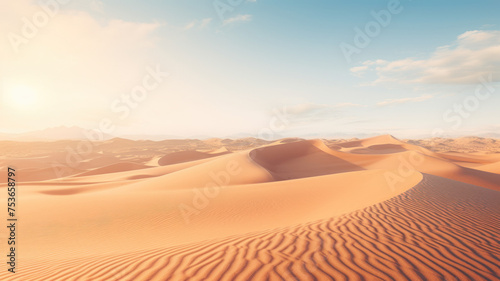 Beautiful Arabian desert with warm colors.Golden Sand Dune Desert Landscape Panorama. Beautiful over the sand dunes in the Arabian touched by the golden rays of the setting sun generative ai