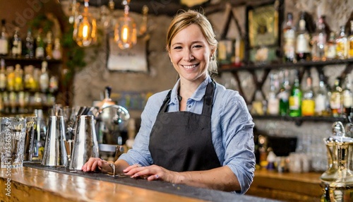 A female bartender working at his bar and smiling, barwoman at her job photo