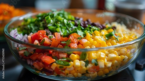 Layering ingredients for a Mexican street corn salad