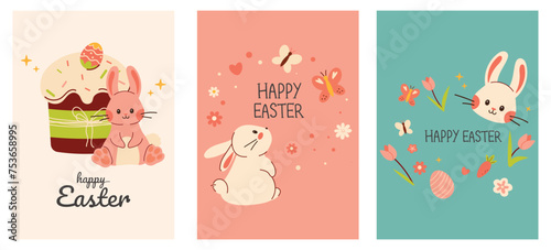 Happy easter card. Set of easter cards. Collection of holiday icons. Spring collection of animals, flowers and decorations. For poster, card, scrapbooking , stickers. Cartoon flat vector illustration