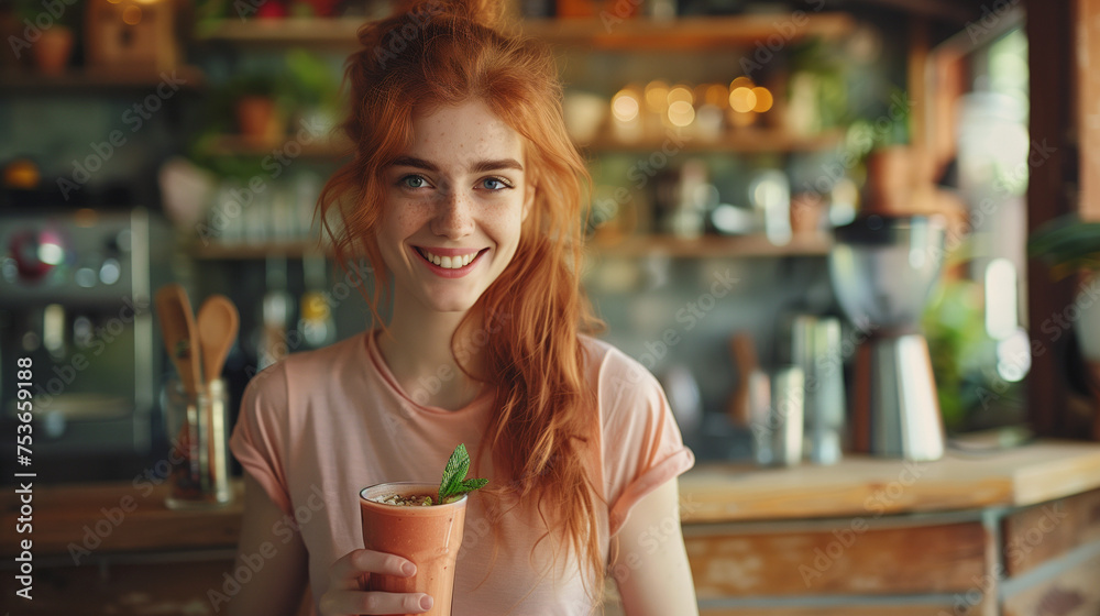 Smiling redhead woman holding a smoothie in a kitchen Smiling redhead woman holding a smoothie in a kitchen