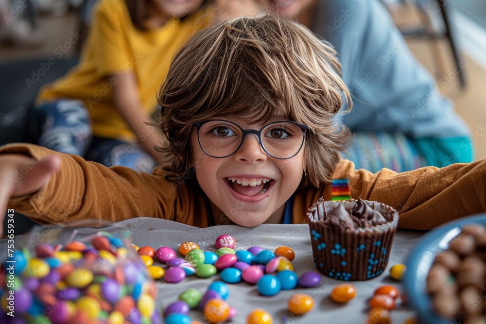 Smiling child with glasses reaching for candies, a pride rainbow pin visible on his shirt Smiling child with glasses reaching for candies, a pride rainbow pin visible on his shirt