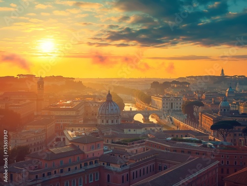 A breathtaking golden sunset cast over the historical cityscape of Rome with iconic landmarks.