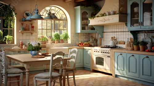 Traditional wooden kitchen in Provence style. 3D rendering of design concept