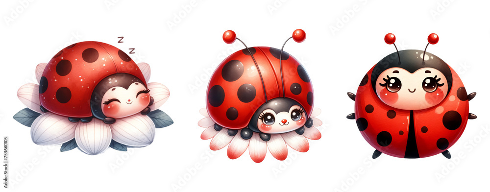 Fototapeta premium Cute Ladybug set. Playful Ladybug Clipart, Watercolor Insect, Sleepy Ladybugs and Blossoms. 