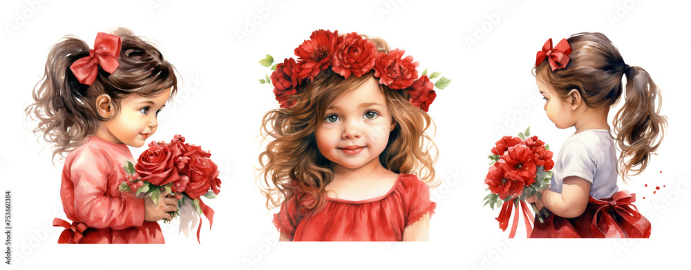 Naklejka premium Watercolor Cute Girls with Red Flowers