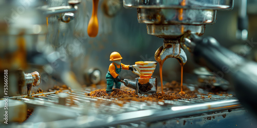 Figuren arbeiten an einer Kaffeemaschine, Kaffeefabrik