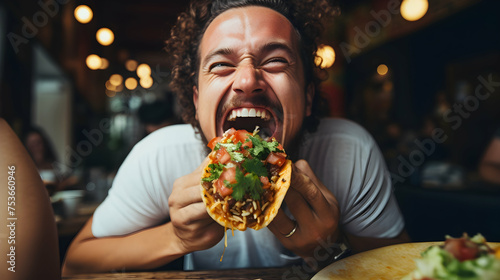 A person joyfully biting into a mouthwatering taco